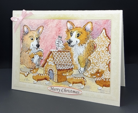 Corgi Dogs Making a Gingerbread House, Christmas Card by Diane  Vermeer