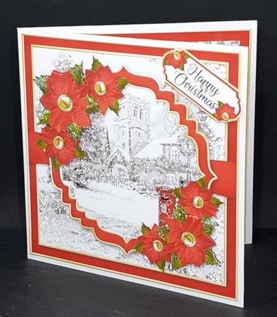 Christmas Village Sketch and Poinsettia 5x5 inch Quick Card by Diane  Vermeer