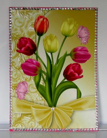 Pretty Coloured Tulips with Butterflies and Bow A4 by Diane  Vermeer