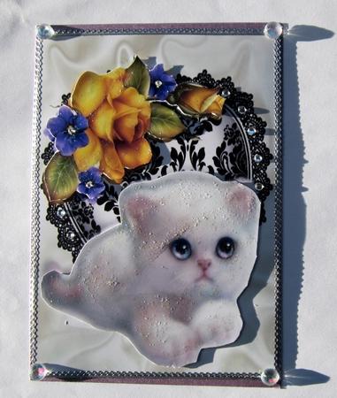 Little White Kitty on Lace Heart and Yellow Roses by Diane  Vermeer