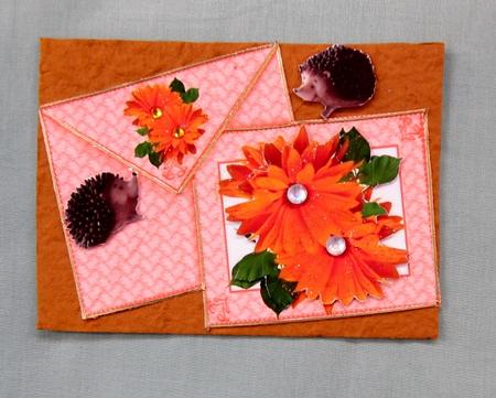 Orange Flowers with Hedgehogs on a Card with Envelopes by Diane  Vermeer