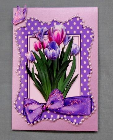 Pink/lilac Tulips in Lilac Polka Dot Frame with Bow by Diane  Vermeer