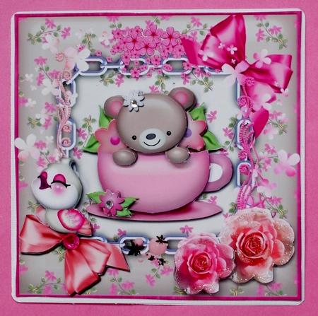 Teacup Bear Flowers and Bows Card Front by Diane  Vermeer