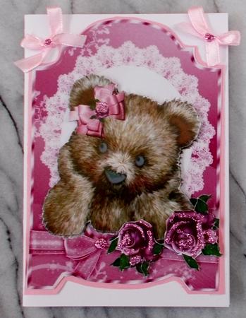 Cute Fuzzy Bear with Pink Roses and Bow by Diane  Vermeer