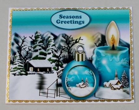 Lovely Snow Scene with Cottage, Turq Candle and Bauble by Diane  Vermeer