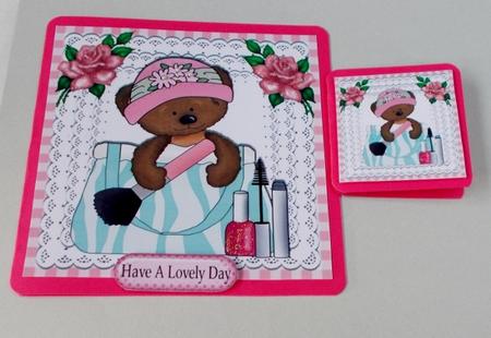 Handbag Teddy with Makeup, Gingham & Pink Roses 8x8 by Diane  Vermeer