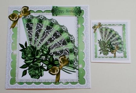 Pretty Green Lace Fan with Roses, in Lace Frame 8x8 by Diane  Vermeer