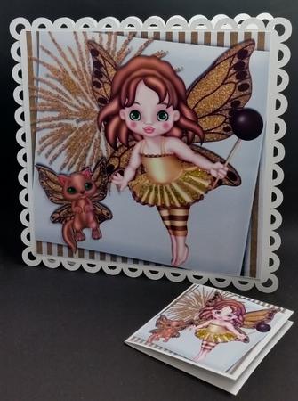 Pretty Glitter and Gold Faerie with Her Faerie Cat 8x8 by Diane  Vermeer