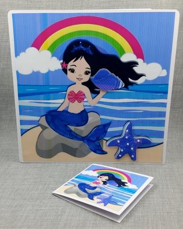 Pretty Mermaid Sitting on a Rock Holding a Purple Shell 8x8 by Diane  Vermeer
