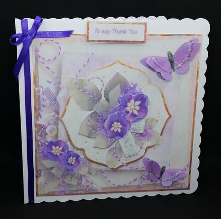 Purple Flowers and Butterfly 7x7 Card with Decoupage by Diane  Vermeer