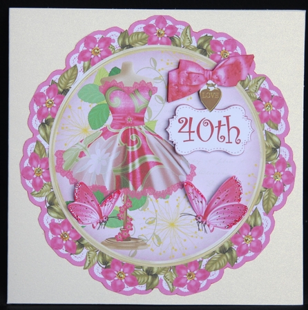 Cerise Floral Dress 40th 8in Doily Decoupage Topper by Dianne Anderson