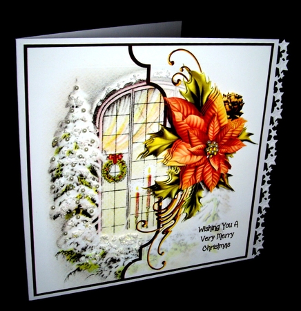 Christmas window and poinsettia 7x7 card with decoupage by Dianne Jackson