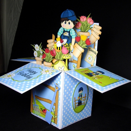 3D Gardening Boy Reece Rubber Band Pop Up Box Card by Dianne Jackson