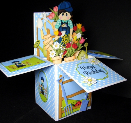 3D Gardening Boy Reece Rubber Band Pop Up Box Card by Dianne Jackson