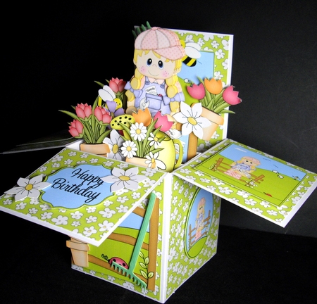 3D Gardening Girl Sara Rubber Band Pop Up Box Card by Dianne Jackson