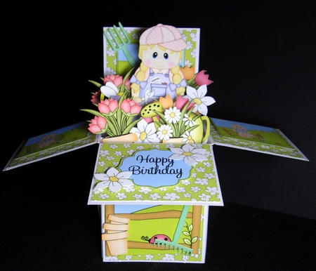 3D Gardening Girl Sara Rubber Band Pop Up Box Card by Dianne Jackson