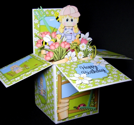 3D Gardening Girl Sara Rubber Band Pop Up Box Card by Dianne Jackson