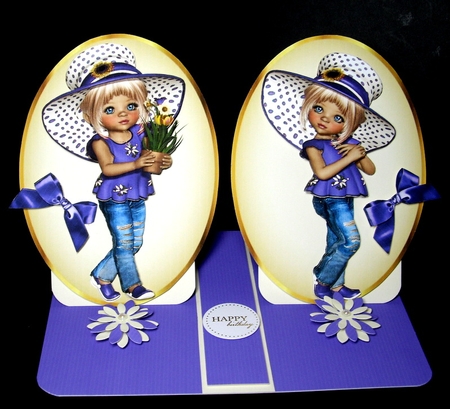 Two lovely card fronts of little girls in purple hats and bows by Dianne Jackson