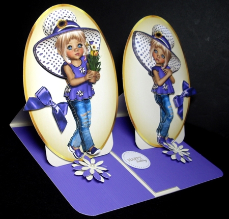 Two lovely card fronts of little girls in purple hats and bows by Dianne Jackson