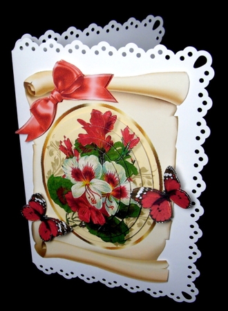 pretty fuchsia on a scroll with butterflies, and bow oval pyramids by Dianne Jackson