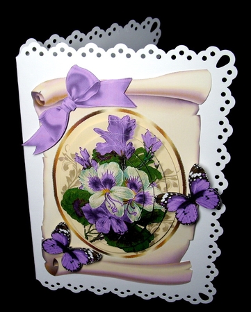 pretty lilac fuschia on a scroll with butterflies, and bow oval pyramids by Dianne Jackson