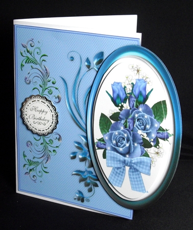 Large blue floral over the edge card front. by Dianne Jackson