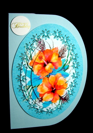 painted peach hibiscus flowers in pearl frame, oval pyramids by Dianne Jackson