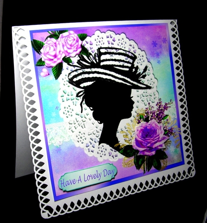 silhouette lady in hat with rainbow and lace with purple roses frame 8x8 by Dianne Jackson