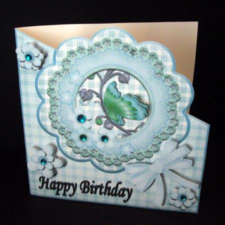 Pretty Aqua Butterfly Birthday Diagonal Over the Edge Card by Dianne Jackson