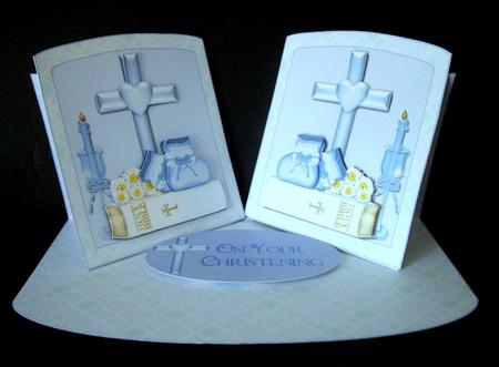 Blue Bible & Bootees Double Twist Easel Card with Decoupage by Dianne Jackson