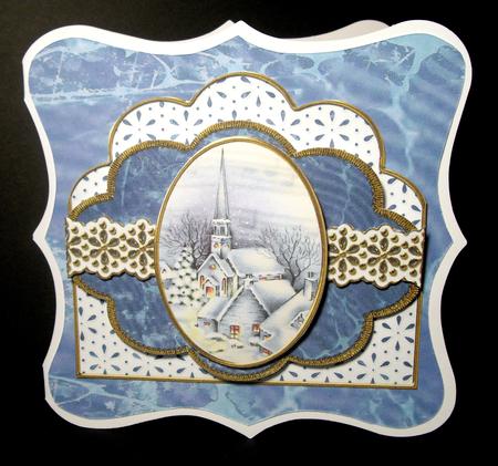 Christmas Blue Church Lace Scalloped 3D Decoupage Card Kit by Dianne Jackson