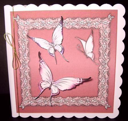 Butterflies and Lace Square Card Front in Rose Pink by Dianne Jackson