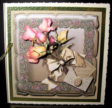 Summer Rosebuds on a Taupe Silk Cushion 8in x 8in Decoupag by Dianne Jackson