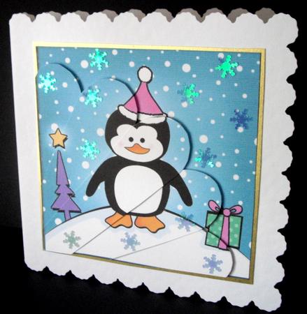 Cute Xmas Penguin Quick Card with Fan Pyramage Topper by Dianne Jackson