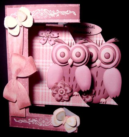 W Side Fold Cards Owls in Pink 3D 2 Leaves Easy Design by Dianne Jackson