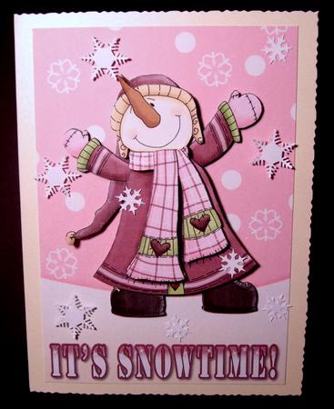 Celebrating Snowman Decoupage Card Front - Pink by Dianne Jackson