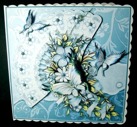 Blue Flowers and Butterflies on a Fan Decoupage 8in x 8in by Dianne Jackson