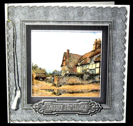 Vintage Old Cottage in Blue Frame 8in x 8in Decoupage by Dianne Jackson