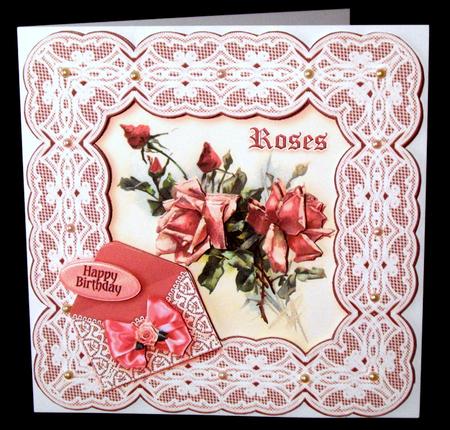Vintage Pink Roses in a Lace Frame 8in x 8in Decoupage by Dianne Jackson