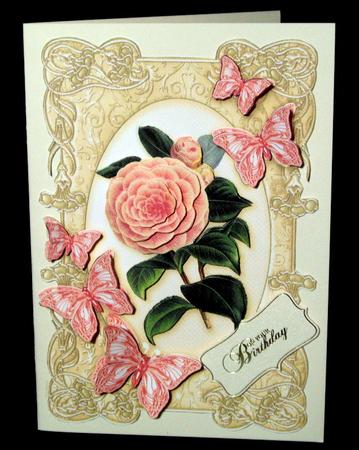 Pink Camellia in a Butterfly Frame A5 Decoupage by Dianne Jackson