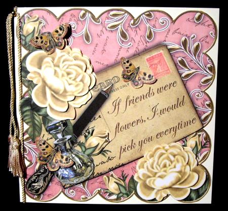 Cream Roses Pink If Friends 8in Scallop Decoupage Topper by Dianne Jackson