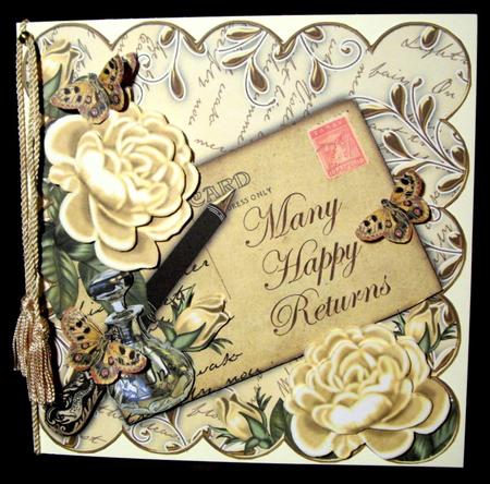 Cream Roses Happy Returns 8in Scallop Decoupage Topper by Dianne Jackson