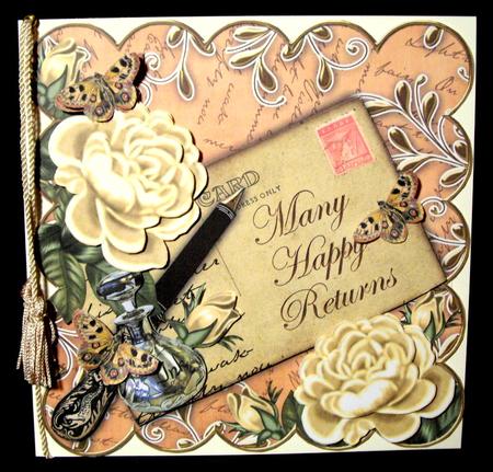 Cream Roses Peach Happy Returns 8in Scallop Decoupage Topper by Dianne Jackson