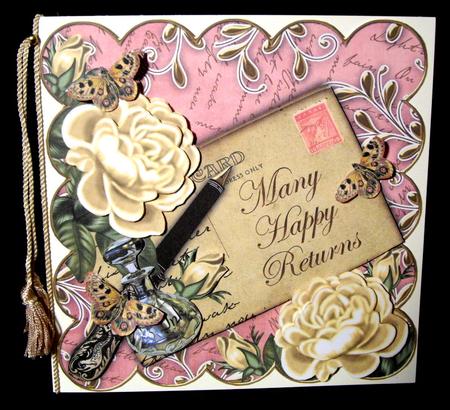 Cream Roses Pink Happy Returns 8in Scallop Decoupage Topper by Dianne Jackson