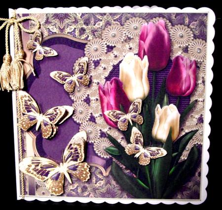 Aubergine Tulips and Butterflies - 8in x 8in Decoupage by Dianne Jackson