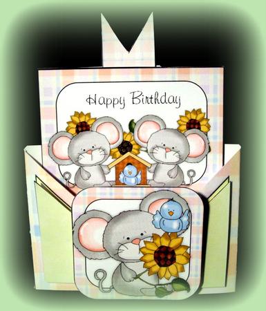 Criss Cross Pocket Birthday Mice,bird and Sunflower Card by Dianne Jackson
