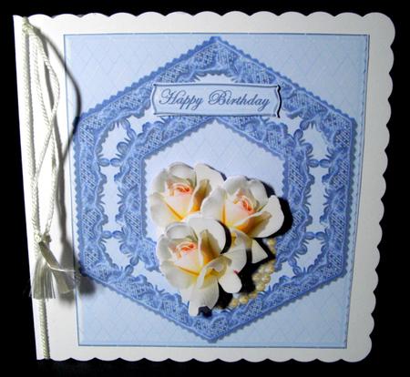 White Roses on Blue Lace by Dianne Jackson
