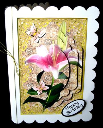 Pink Lily & Butterflies Pyramid Card Front by Dianne Jackson