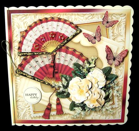Cream Roses, Red Fans and Butterflies 8 x 8 Decoupage Kit by Dianne Jackson