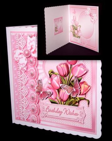 Pink Tulips on a Broderie Anglaise Doily - 8in x 8in Insert by Dianne Jackson